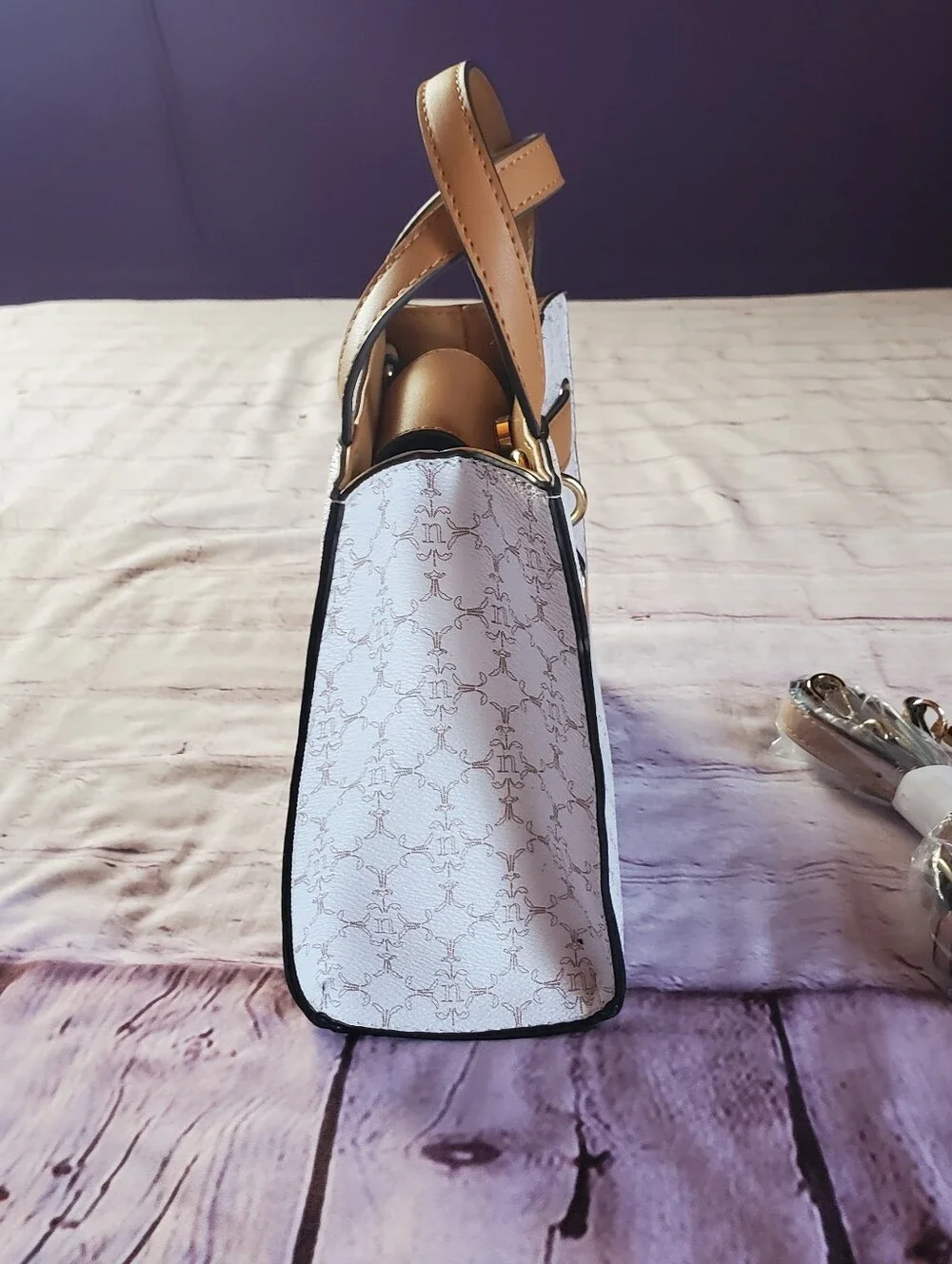 Nanette Lepore White & Tan Shoulder Bag With Lock Accent Preppy Office Career